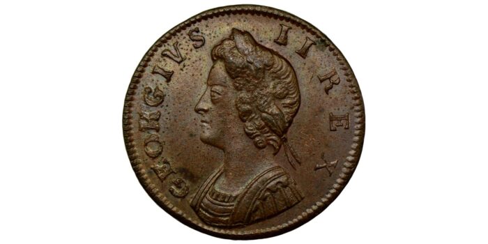 George II Copper Farthing 1734 A very rare variety and extremely rare in this grade