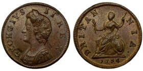 George II Copper Farthing 1734 A very rare variety and extremely rare in this grade