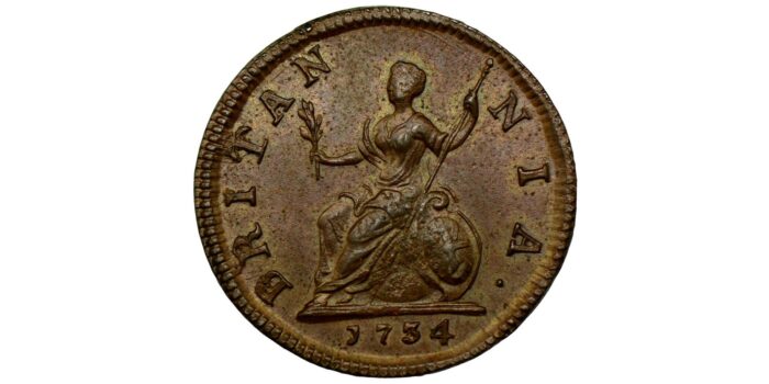 George II Copper Farthing 1734 A very rare variety and extremely rare in this grade