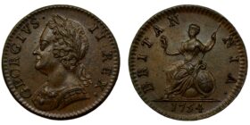 George II Copper Farthing 1754 Very rare in this condition