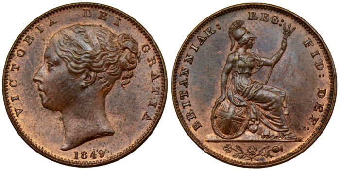 Victoria Copper Farthing 1849 Extremely rare variant on an already rare date, desirable thus.