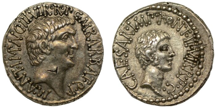 Marc Antony and Octavian Silver Denarius 41 BC