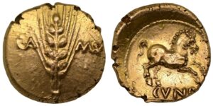 Catuvellauni & Trinovantes, Cunobelin Gold Stater, Small Crescent type, Classic A Excessively rare.