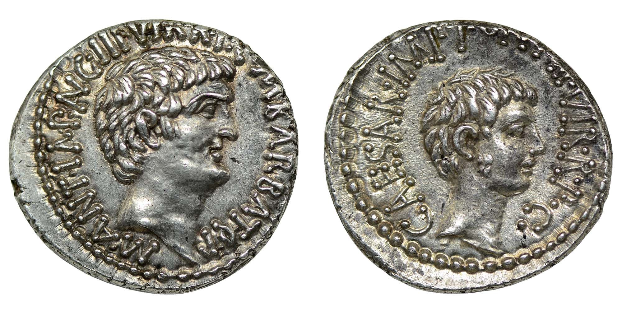 Marc Antony & Octavian Silver Denarius 41 BC