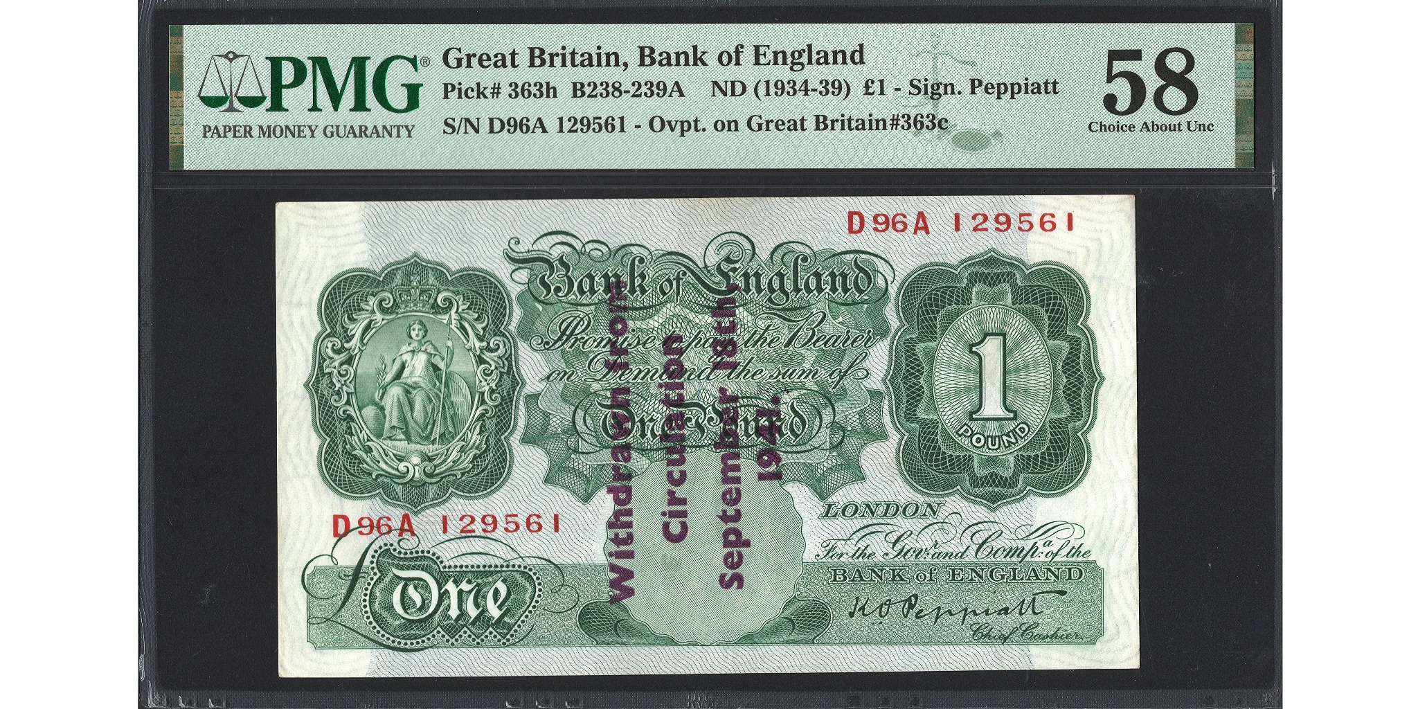Kenneth Peppiatt £1 Banknote - Prefix D96A - Bank of England