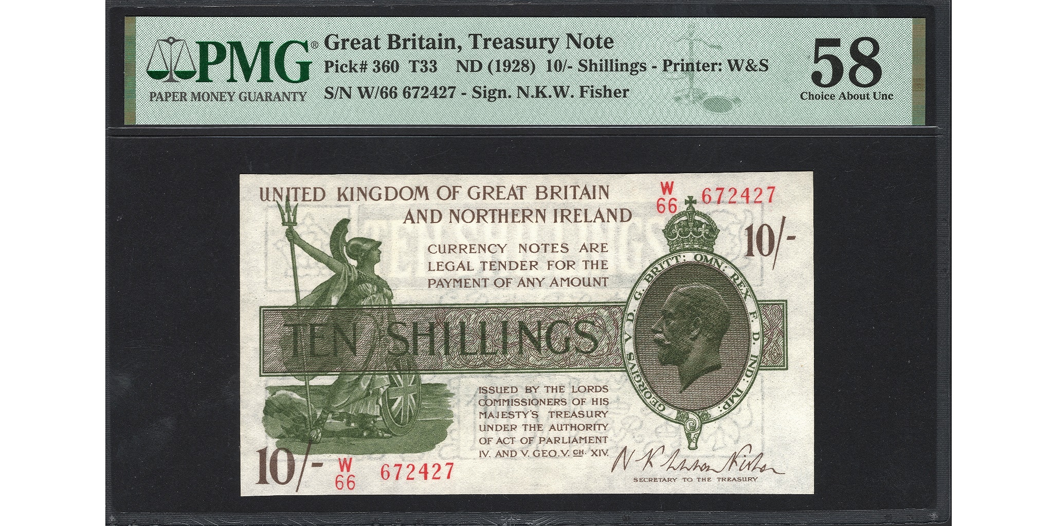 Norman Fisher 10 Shillings Banknote - Prefix W/66 - Treasury