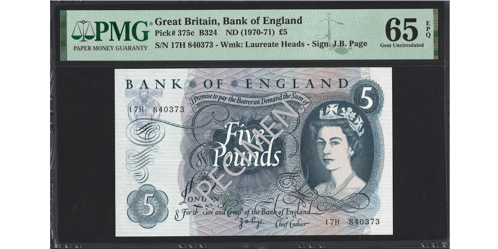 John Page £5 Banknote - Prefix 17H - Bank of England