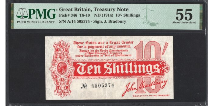John Bradbury 10 Shillings Banknote - Prefix A/14 - Treasury