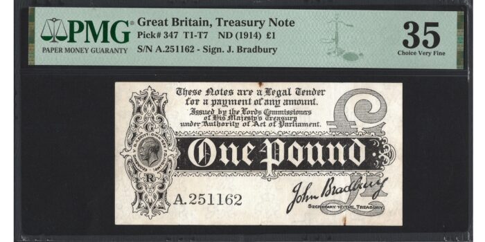 John Bradbury £1 Banknote - Prefix A - Treasury