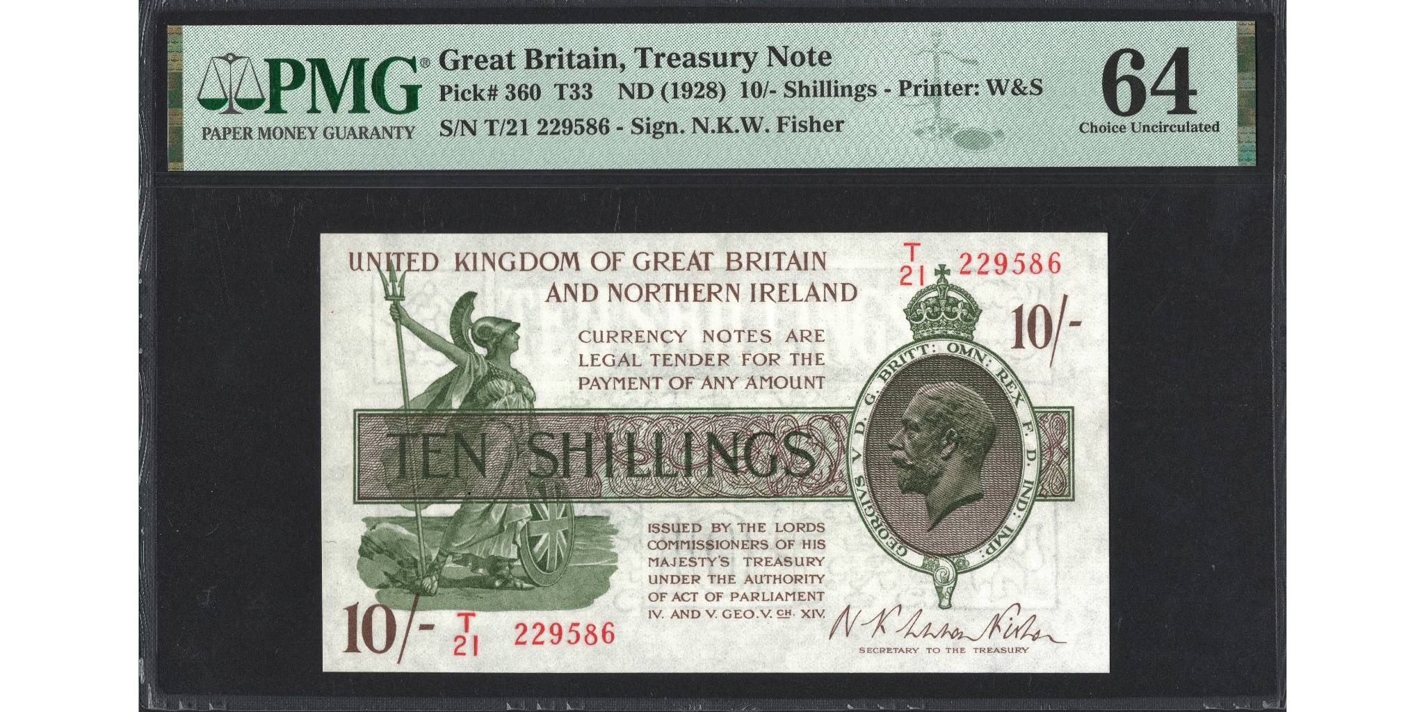Norman Fisher 10 Shillings Banknote - Prefix T/21 - Treasury